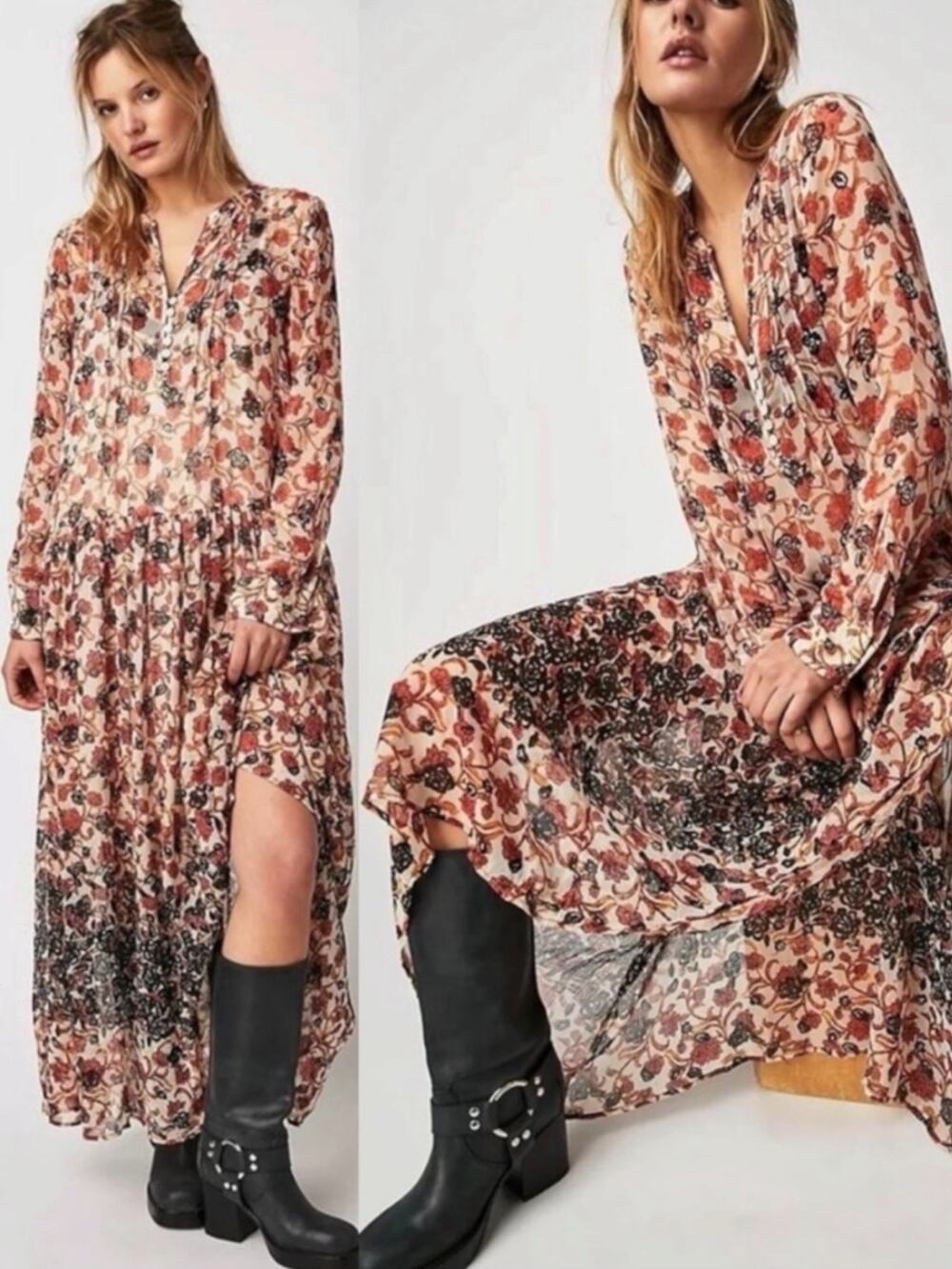 Free People Bohemian Billowy Floral See It Through Maxi Dress Tea Combo Medium - Picture 1 of 14